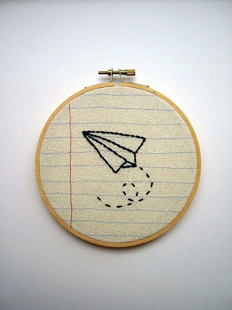 I don't know what I would do with it, but this is a fun little piece of embroidery. Urban Threads Embroidery, Diy Embroidery Shirt, Embroidery Hoop Wall, Embroidery Hoop Wall Art, Textile Art Embroidery, Simple Embroidery Designs, Paper Airplane, Pola Sulam, Embroidery Patterns Vintage