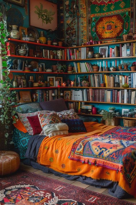 Boho Bedroom Storage, Cozy Libraries, Organized Bedroom, Urban Bedroom, Bohemian Bedroom Design, Vibrant Patterns, Shelving Units, Bohemian Bedroom, Bedroom Designs