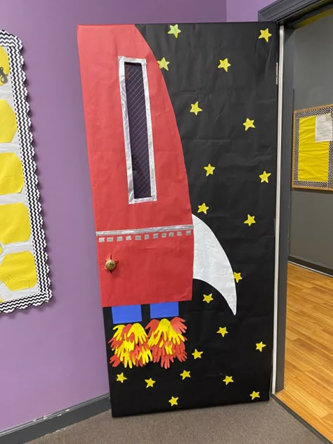 Space Themed School Door, Rocket Ship Classroom Door Space Theme, Blast Off Decorations, Diy Space Decorations For Classroom, Space Themed Room Decor, Space Decorations Classroom, Rocket Decorations Space Theme, Reach For The Stars Door Decoration, Rocket Classroom Door