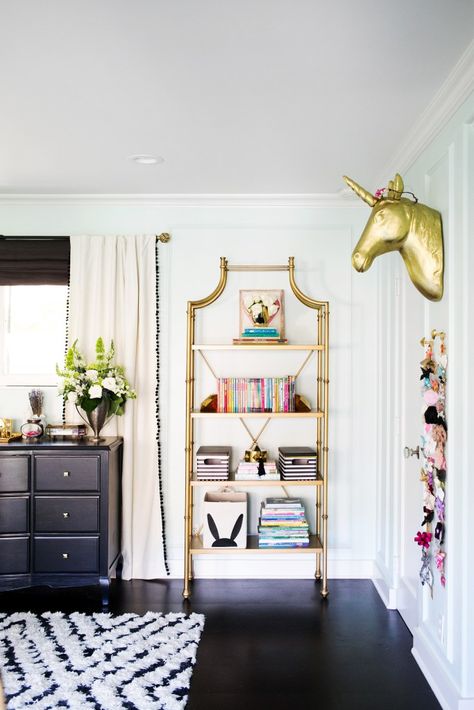 bookcase styling Dresser Under Window, Black Flooring, Black And White Room, Gold Etagere, Reading Room Decor, Pom Pom Curtains, Black Dresser, Glam Pad, Pb Teen