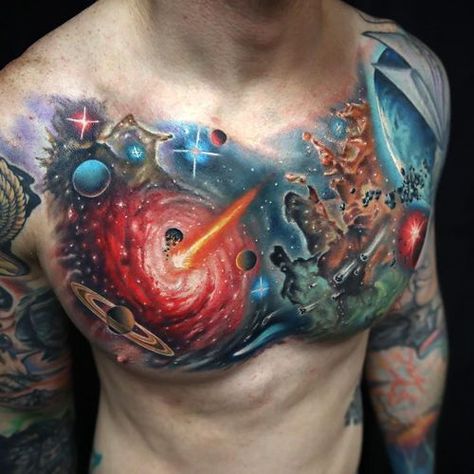 Galaxy Chest Tattoo, Galaxy Tattoo Sleeve, Space Tattoo Sleeve, Cosmos Tattoo, Shooting Star Tattoo, Universe Tattoo, Tattoo Trend, Galaxy Tattoo, Tattoo Inspiration Men