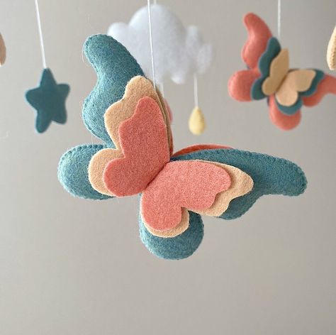 Felt Butterfly Mobile, Felt Mobiles, Felt Butterflies, Rain Droplets, Felt Butterfly, Felt Baby Mobile, 3 Butterflies, Birthday Crowns, Wooden Mobile