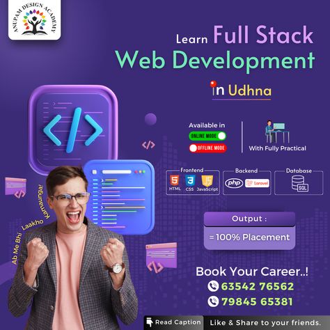 Now Learn Full Stack Web Development in Udhna, from Anupam Design Academy. Join our online & offline course for hands-on practical experience.Get 100% placement assistance.🤝 Contact Anupam Design Academy at 63542 76562 today! Web Development Post, Coding Poster, Full Stack Web Developer, Hiring Poster, Web Development Course, Basic Hand Embroidery Stitches, Social Media Branding Design, Media Branding, Galaxy Wallpaper Iphone