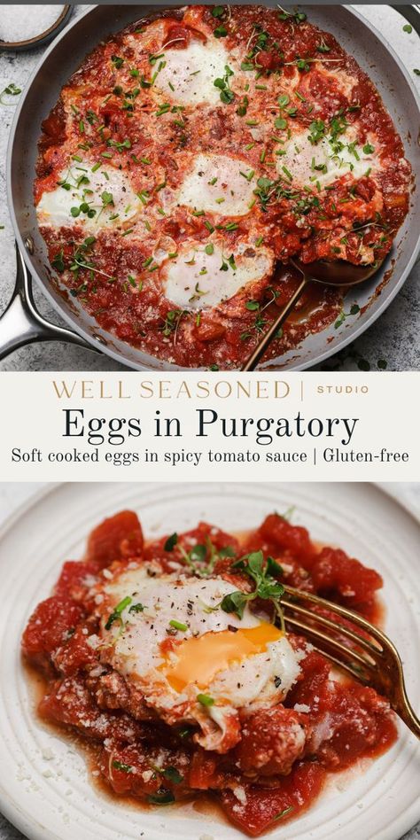 This quick and easy Eggs in Purgatory recipe is a savory, protein-packed meal that can be enjoyed for breakfast, lunch, or dinner. Fresh eggs are gently poached in a spicy tomato sauce until the whites have set, but the yolks remain soft. Serve with grated Parmesan cheese and fresh herbs. Gluten-free. #wellseasonedstudio #eggs #eggsinpurgatory #spicytomatosauce Eggs In Red Sauce, Eggs In Purgatory Recipe, Eggs Tomato Sauce, Eggs Appetizers, Baked Salad, Sauce For Eggs, Nuts Dessert, Eggs For Dinner, Eggs In Purgatory