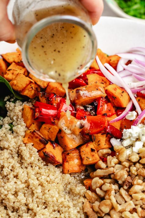 Sweet potato quinoa salad Quinoa And Sweet Potato Recipes, Quinoa Sweet Potato Recipes, Beet Quinoa, Sweet Potato And Quinoa, Sweet Potato Quinoa Salad, Cranberry Quinoa Salad, Lemon Vinaigrette Dressing, Sweet Potato Side Dish, Sweet Potato Quinoa