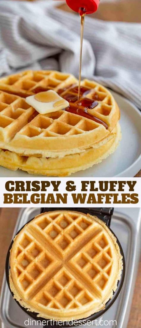 Belgian Waffles are crispy on the outside and fluffy on the inside and EASY to make; ready in only a few minutes with pantry ingredients! #breakfast #brunch #waffles #belgianwaffles #dinnerthendessert Light Crispy Waffle Recipe, Fluffy Belgian Waffles, Waffle Batter Recipe Belgian, Easy Fluffy Waffle Recipe, Light And Fluffy Waffle Recipe, Waffles In Waffle Maker, Light And Fluffy Waffles, Belgian Pancake Recipe, Delicious Waffle Recipe