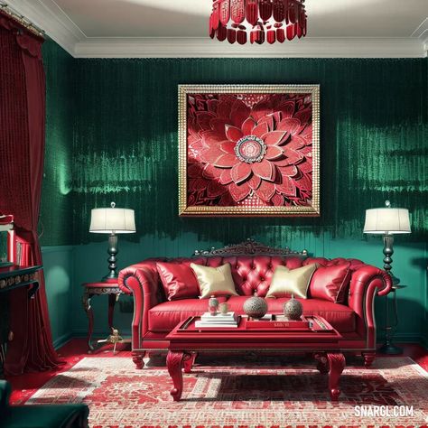 Living room with a red couch and a red rug on the floor and a green wall with a painting on it. Colors, Vivid burgundy. Sensuous home furniture. Follow us and visit our site for more amazing content! #inspiration #design #bedroom #photo #interior #Colors #interiordesign #livingroom #couch #style #minimalist #room #crafts #diningroom #wall Dark Red Living Room Walls, Red Green Interior, Red And Green Interior Design, Red Sofa Living Room Color Schemes, Red And Green Living Room, Red Living Room Walls, Red Sofa Living Room, Red Couch Living Room, Florida Vibes