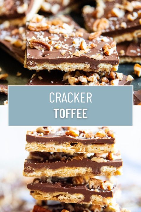 This is the best Christmas Cracker Toffee with saltine crackers covered in a crunchy toffee, and topped with smooth chocolate. Add some pecans, sea salt, or sprinkles to make your treat extra crunchy, extra salty, or extra festive. This treat is so easy to make, and such a tasty sweet and salty homemade candy! Soda Cracker Candy Saltine Toffee, Soda Cracker Toffee, Soda Cracker Candy, Saltine Cracker Toffee, Saltine Cracker, Tailgate Ideas, Saltine Toffee, Soda Crackers, Cracker Candy