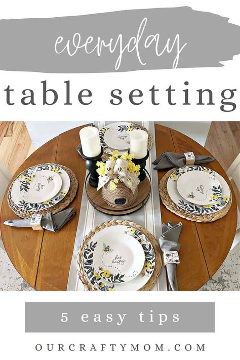 Table Runner And Placemat Settings, Casual Table Settings Everyday, Table Placemats Ideas, Casual Table Settings, Table Settings Everyday, Table Setting Ideas, Hutch Decor, Small Centerpieces, Crafty Mom