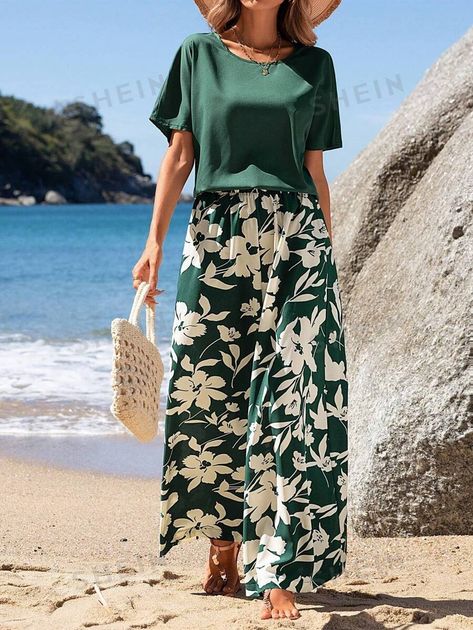 EMERY ROSE Women's Batwing Sleeve Printed Top & Wide-Leg Pants Set, Summer 2pcs Women Two Piece Sets Going Out Sets | SHEIN USA Green Floral Pants Outfit, Aloha Christmas, Hawaiian Outfit Women, Floral Pants Outfit, Shein Clothes, Summer Two Piece Outfits, Batwing Sleeve Top, Plus Size Two Piece, Floral Set