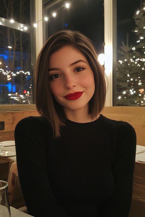 Woman with short brown hair and red lipstick smiling in a cozy, warmly lit restaurant. Bob For Short Neck, Brunette Bob Side Part, Sleek Bob Side Part, French Bob With Side Part, Italian Bob Side Part, Short Hair Inspo Straight, Styled Bob Hair Ideas, Feminine Bob Haircut, Short Hair Short Neck