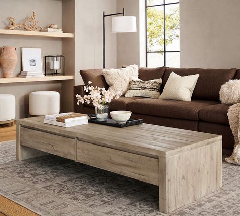 Pismo Reclaimed Wood Rectangular Long Low Coffee Table (74") | Pottery Barn Coffee Table Pottery Barn, Room Wishlist, Lake Design, Fine Art Lighting, Decor Pottery, Reclaimed Wood Coffee Table, Low Coffee Table, Art Lighting, Coffee Table With Drawers