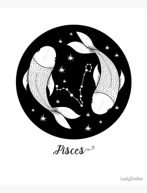 White background with black graphics. In curvise font reads 'Pisces'. Above inside a circle is artwork of two fish swimming in opposite directions but curved around one another. In between them is the Pisces Zodiac constellation. There are stars all around. Pices Zodiac Art, Pisces Two Fish, Pisces Aesthetic, Peices Zodiac, Pisces Art, Pisces Symbol, Zodiac Aesthetic, March Ideas, Pieces Zodiac