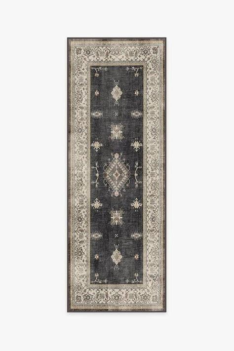 Hallway Refresh, Penny Floors, Dark Wood Rug, Wood Rug, Ruggable Runner, Farmhouse Runner Rug, Ornate Border, Kitchen Rugs Washable, Black White Rug