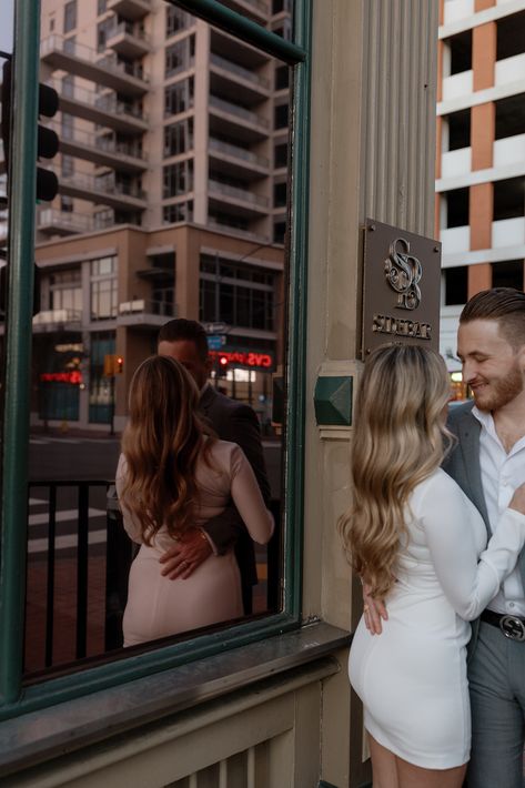 Couple pose idea with window for city engagement in San Diego, California. City engagement photos from San Diego couples photographer. Downtown San Diego Engagement Photos, Engagement Photos Outside, San Diego Engagement Photos, Photo Timeline, Photos Outside, San Diego Engagement, City Engagement Photos, Side Bar, Couple Pose