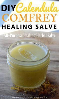 #NaturalRemedies Herbal Salve Recipes, Comfrey Salve, Healing Salve Recipe, Homemade Lotions, Calendula Salve, Healing Salve, Salve Recipes, Garden Therapy, Herbal Salves