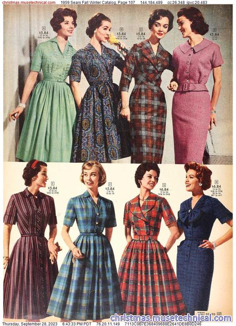 1959 Sears Fall Winter Catalog, Page 107 - Catalogs & Wishbooks 1950’s Dress, 1959 Fashion, 1950 Fashion, Fashion 1970s, Sears Catalog, Fifties Fashion, Vintage 1950s Dresses, Historical Costume, 1960s Fashion