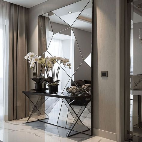 Mirror, Mirror on the Wall Mirror Wall Decor Entrance, Modern Hallways, Geometric Mirror, Hallway Mirror, Black Console Table, Hallway Design, Mirror Mirror On The Wall, Mirror Design Wall, Mirror On The Wall