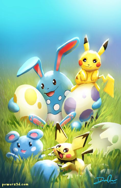 pokemon, pikachu, easter, pichu, azumarill, azurill, eggs, babies Pokemon Landscape, Pokemon Easter Eggs, Pokemon Avatar, Pokemon Eggs, Pokemon Easter, Baby Pokemon, Easter Paintings, Pokemon Sketch, Background Painting