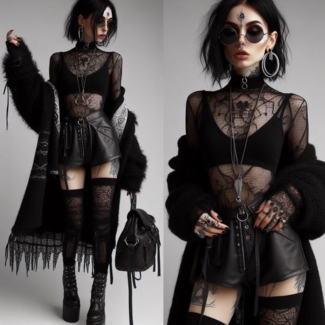 Fishnet Street Style, Rock Outfits Concert, Alternative High Fashion, Modern Witch Fashion Casual, Boho Alternative Fashion, Gothic Glam Outfit, Goth Women Outfits, Goth Outfit Summer, Goth Clubbing Outfit