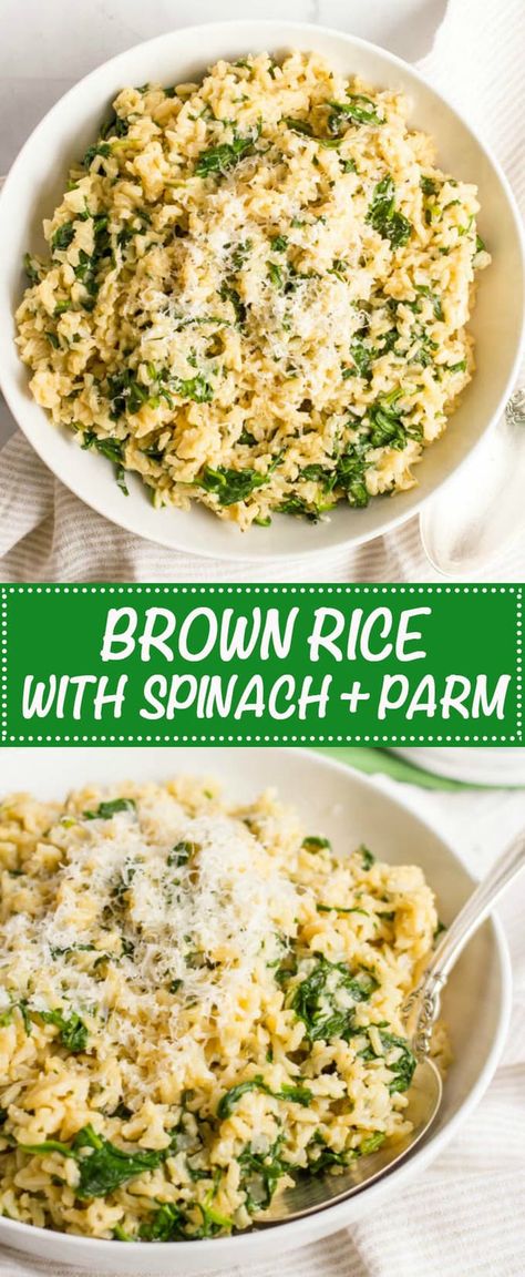 Brown rice with spinach and Parmesan cheese is an easy, healthy, one-pot side dish with just a few simple ingredients! (ad) | www.familyfoodonthetable.com Rice With Spinach, Recipes With Parmesan Cheese, Chicken Receipes, Brown Rice Recipes, Healthy Sides, Healthy Side Dishes, Rice Dishes, Parmesan Cheese, Snack Ideas