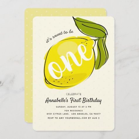 Cute Lemon 1st Birthday Yellow Party Invitation for $3.22 - Birthday Invitations Lemon 1st Birthday, First Birthday Invitation Cards, Pink First Birthday, Yellow Party, Lemonade Party, 1st Birthday Invitation, Polka Dot Background, Blue Party, 1st Birthdays