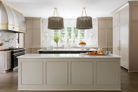 Taupe Kitchen Island with Wainscoting - Transitional - Kitchen Taupe Kitchen Island, Taupe Cabinets, Kitchen Island Panels, Taupe Kitchen Cabinets, Greige Kitchen, White Wood Paneling, Wainscoting Kitchen, Traditional Kitchen Island, Taupe Kitchen