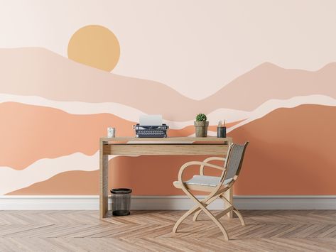 Peel and Stick Boho Sun Mountains Peel and Stick Wallpaper - Etsy Cactus Wallpaper, Photo Mural, Orange Sunset, Desert Vibes, Desert Cactus, Desert Landscape, Desert Landscaping, Wallpaper Mural, Landscape Wallpaper