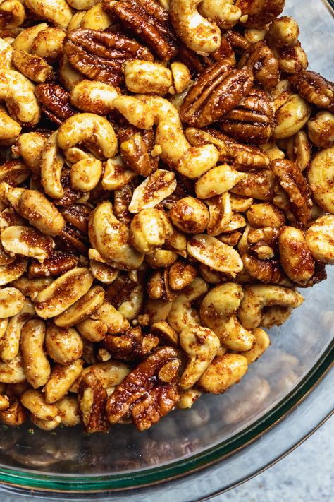 Sweet and Spicy Mixed Nuts are an easy, healthy, and addictive snack to bring to your next holiday party. Grab the recipe at Jo Eats! #joeats #holidaysnack #mixednuts #easyholidayrecipe #partyrecipe Sweet And Spicy Mixed Nuts Recipe, Sweet Potato Appetizer, Nut Mix Recipe, Potato Appetizer, Seasoned Nuts, Easter Snack, Cucumber Appetizers, Spicy Nuts, Hot Snacks