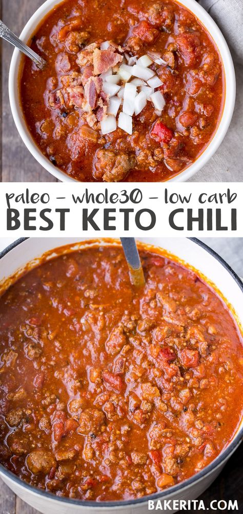 This Paleo Low-Carb Chili is a bean-free, Whole30-approved, and Keto-friendly take on my award-winning best chili recipe! Made with ground beef, sausage, bacon and a wonderful blend of spices, it’s so hearty and flavorful. #paleo #lowcarb #whole30 #chili #ketochili #chilirecipe #keto #paleochili Best Keto Chili, Whole30 Chili, Chili Paleo, Low Carb Chili Recipe, Dinner Paleo, Keto Chili, Paleo Chili, Desayuno Keto, Low Carb Chili