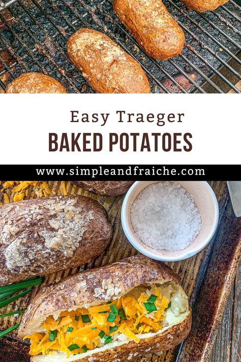 Baked Potato Traeger, Pellet Smoker Baked Potatoes, Pellet Grill Baked Potato, Potatoes On Traeger Grill, Traeger Smoked Potatoes, Baked Potatoes In Smoker, Potato’s On The Smoker, Smoker Baked Potatoes, Smoked Baked Potatoes In Smoker