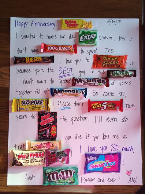 Poster board candy card made for my boyfriend for our anniversary. Super fun and easy! Cheap to make, about $12. You can also have fun with it by making it personalized. He loved it! Candy Letter For Boyfriend, Candy Board For Boyfriend, Marriage Anniversary Ideas, Six Year Anniversary, Couples Notes, Candy Poster Board, Bar Letters, Candy Bar Cards, Candy Posters