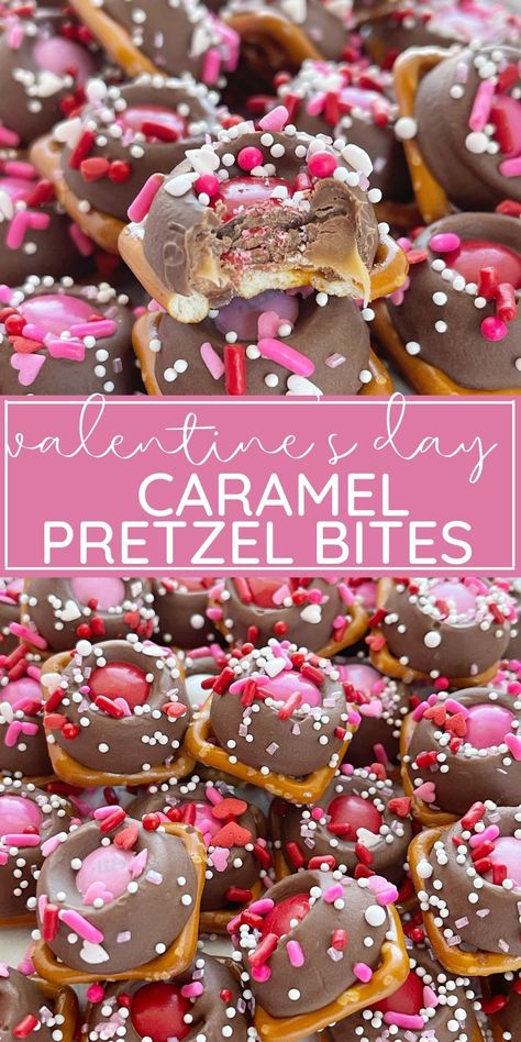 Menu St Valentin, Caramel Pretzel Bites, Valentines Party Food, Valentines Recipes Desserts, Valentines Snacks, Valentines Baking, Caramel Pretzels, S Craft, Valentine Desserts