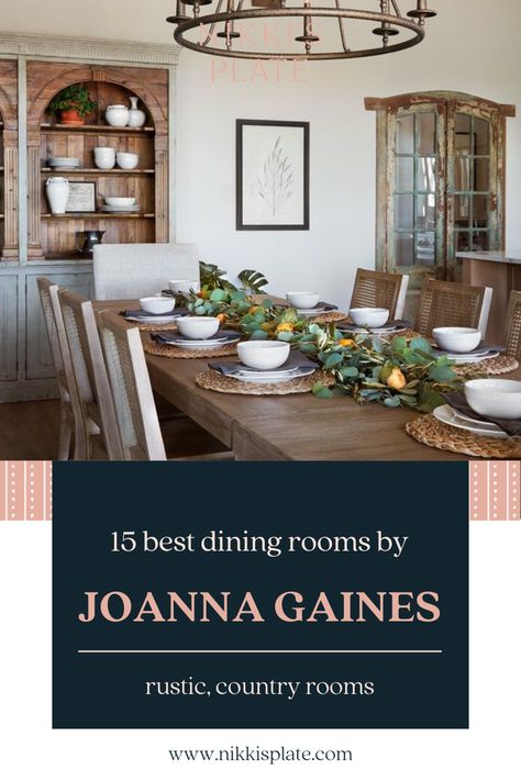 15 Best Dining Rooms by Joanna Gaines; Fixer upper's top dining room renovations by Joanna and chip Gaines! These rustic, country with hints of modern perfection dining rooms are everything Ranch Style Home Dining Room, Rustic Dining Room Table And Chairs, Large Dining Room Ideas Farmhouse, Modern Rustic Decor Dining Room, Joanna Gaines Table Setting, Italian Farmhouse Dining Room, French Country Modern Dining Room, Rustic Formal Dining Room, Magnolia Homes Dining Room