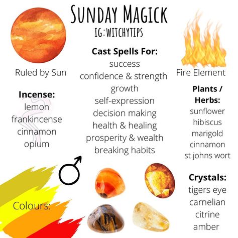 Tips for Witches Everywhere! ✨’s Instagram photo: “Sunday Sunday ☀️ Almost done the days of the week magick! See previous posts for other days. ✨” Sunday Magick, Witchcraft Spells For Beginners, Color Of The Week, Spells For Beginners, Witch Rituals, Crystals For Manifestation, Witch Spirituality, Magic Day, Grimoire Book