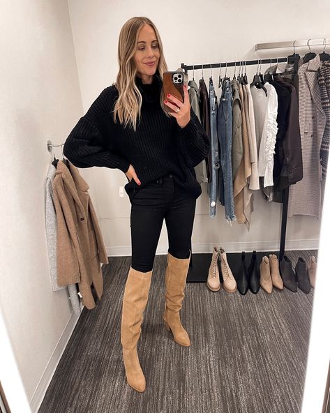 Tan Tall Boots Outfit, Tan Knee High Boots Outfit, Tan Boots Outfit, Blush Leather Jacket, Suede Boots Outfit, Tall Boots Outfit, Tan Knee High Boots, Tan Suede Boots, Nude Boots