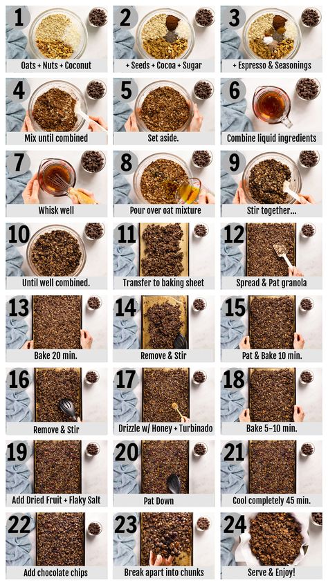 Overhead photo collage of how to make chocolate granola step by step with written instructions on each step. Dark Chocolate Granola, Make Granola, How To Make Granola, Homemade Dark Chocolate, Trail Mix Recipes, Chocolate Granola, Granola Recipes, Homemade Granola, Secret Ingredient