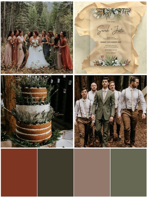 Rust And Deep Sage Wedding, Earthy Fall Wedding Colors, Rust Brown And Green Wedding, Emerald Green Woodsy Wedding, Maroon Tan Green Wedding, Green Rust Wedding Theme, Burnt Orange Green Brown Wedding, Boho Fall Wedding Sage Green, Rust Brown And Sage Green Wedding