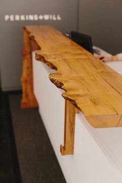 natural edge reception desk | Skylar Morgan Furniture + Design Live Edge Wood Reception Desk, Unique Front Desk, Live Edge Checkout Counter, Reclaimed Wood Reception Desk, Natural Reception Desk, Natural Wood Reception Desk, Live Edge Reception Desk, Acupuncture Office Design, Wooden Reception Counter