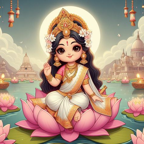 Diwali Drawing Lakshmi, Animated Hindu Gods, Lord Devi Images, Cute Diwali Drawing, Ganesh Laxmi Painting, Mata Laxmi Image, Lakshmi Devi Sketch, Laxmi Mata Sketch, Baby Laxmi Goddess