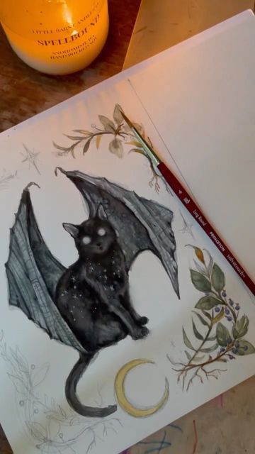 Watercolor Art Whimsical, Goth Watercolor Paintings, Bat Watercolor, Bats Painting, Spooky Watercolor Paintings, Halloween Watercolor Ideas, Watercolor Art Halloween, Spooky Watercolor Art, Witch Watercolor