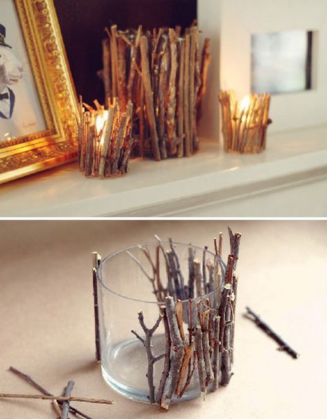 Living Room Christmas Decorations- would like to do for those used Yankee Candle jars....perfect reuse and recycle Twig Candle Holder, Rustic Candle Holders, Funky Decor, Vintage Garden Decor, Farmhouse Style Diy, Spring Summer Decor, Budget Planer, Diy Home Decor Bedroom, Rustic Garden Decor