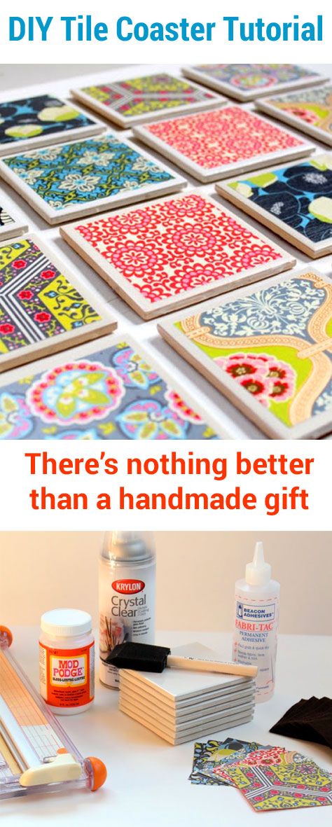 There’s nothing better than a handmade gift and this Tile Coaster Tutorial will do the trick! What better way to celebrate than with some fun, festive coasters.  These coasters are made from inexpensive tiles from the hardware store and are embellished with fun, designer scrapbook paper. This craft also uses Mod Podge. Crafts To Make And Sell At Craft Shows, Homemade Coasters Tile, Mod Podge Tile Coasters, 4x4 Tile Crafts, Decoupage Tile Coasters, Decorating Tiles Crafts Gift Ideas, Craft Tiles Ideas, How To Make Coasters Out Of Tile, Easy Coasters Diy