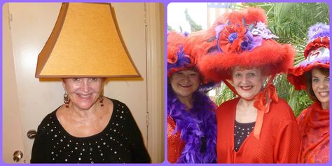 If there's anything that we have learned about Hatters over the past 15 years, it's that they are resourceful! Sometimes, we are just amazed... Lamp Shade Hat, Red Hat Society Fashion, Red Hat Party, Lampshade Hat, Carnaval Diy, Red Hat Club, Diy Lampshade, Purple Fascinator, Alien Halloween