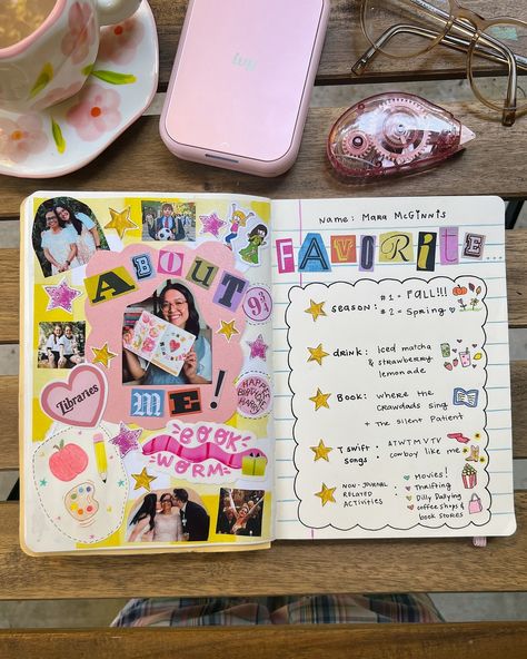 Mara McGinnis | ⭐️ Journal idea: About me page! The stickers and photos on this spread represent a few things about me: 🍎✏️: I was a preschool teacher… | Instagram Page Ideas Journal, Teacher Instagram, Instagram Journal, Journal For Beginners, How To Journal, Inspiration Journal, Journal Inspiration Writing, Bulletin Journal, Journal Page Ideas