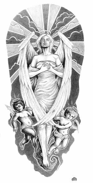 Angel Sleeve Tattoo, Heaven Tattoos, Half Sleeve Tattoos Drawings, Wing Tattoo Designs, Back Piece Tattoo, New Tattoo Designs, Forearm Sleeve Tattoos, Angel Tattoo Designs, Religious Tattoos