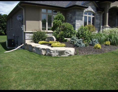 Armour Stone Garden, Armour Stone Landscaping, Stone Garden Ideas, Front Garden Ideas, Farm Landscaping, Stone Edging, Front Landscape, Mulch Landscaping, Walkway Landscaping