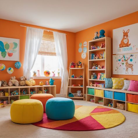 ⚠️LINK IN BIO⚠️ A vibrant children’s playroom filled with colorful decor, inventive storage options, and a playful theme to inspire creativity. #Playroom #Colorful #CreativeStorage #PlayfulTheme #Children Groovy Playroom, Orange Playroom, Red Playroom, Playroom Colorful, Fun Playroom Ideas, Bright Playroom, Indoor Playroom, Colorful Playroom, Baby Playroom