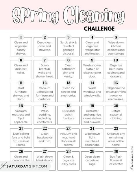 30-day spring cleaning challenge - free printable checklist pink | SaturdayGift Spring Cleaning Checklist Declutter, Clean Tv Screen, Clean Bathroom Sink, Spring Cleaning Checklist Printable, Home Maintenance Schedule, Room Cleaning Tips, Spring Cleaning Challenge, Cleaning Checklist Printable, Cleaning Inspiration