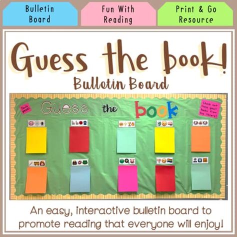 Guess the Book Bulletin Board by Learning with Lexie | TPT Reading Teacher Bulletin Boards, Affordable Classroom Decor, Modern School Library Design, Interactive Library Bulletin Boards, Interactive Reading Bulletin Boards, Back To School Library Displays Ideas, New Books Display Library, Elementary Librarian Ideas, Fall Library Displays Bulletin Boards